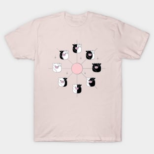 Kawaii Cow Phases of the Moon in Black, White and Pink T-Shirt